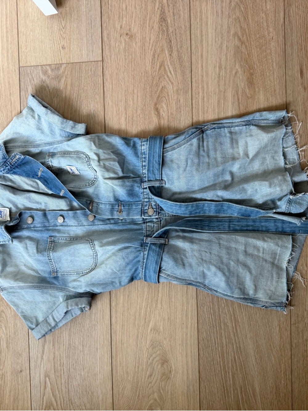 Lee Washed Blue Short-Sleeve Denim Romper with Waist Tie